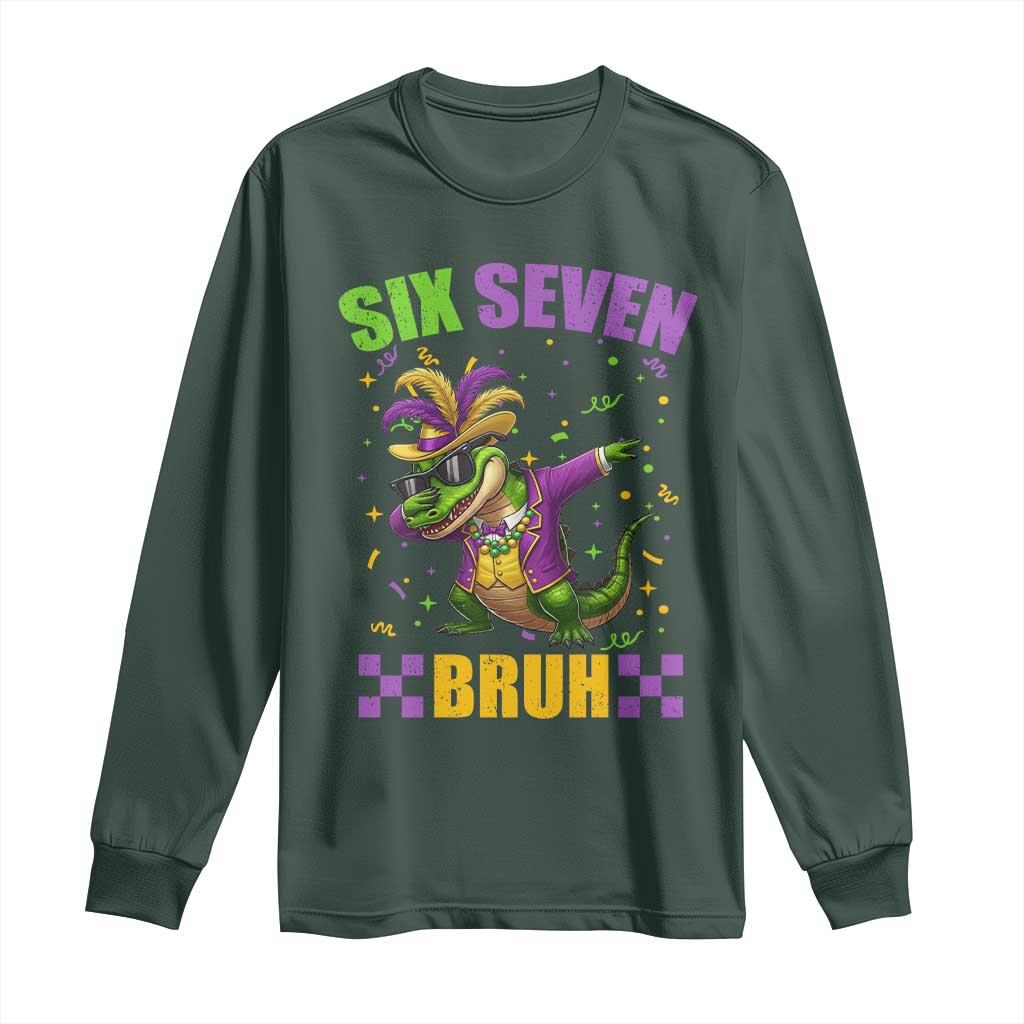 Funny 67 Mardi Gras Alligator Long Sleeve Shirt Six Seven Bruh Mardigator Dabbing Crocodile TS11 Dark Forest Green Print Your Wear
