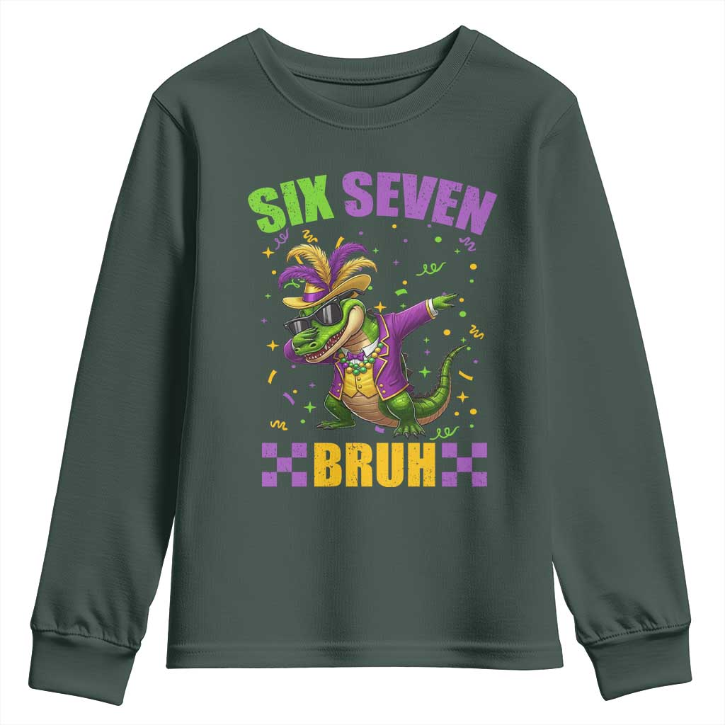 Funny 67 Mardi Gras Alligator Youth Sweatshirt Six Seven Bruh Mardigator Dabbing Crocodile TS11 Dark Forest Green Print Your Wear