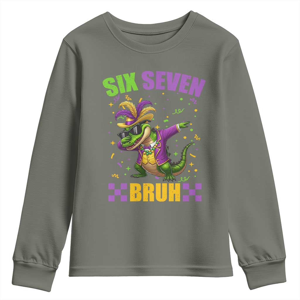 Funny 67 Mardi Gras Alligator Youth Sweatshirt Six Seven Bruh Mardigator Dabbing Crocodile TS11 Military Green Print Your Wear