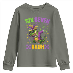 Funny 67 Mardi Gras Alligator Youth Sweatshirt Six Seven Bruh Mardigator Dabbing Crocodile TS11 Military Green Print Your Wear
