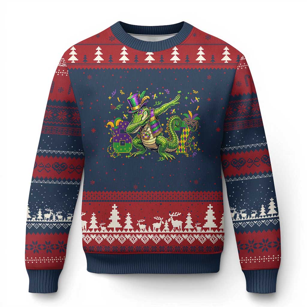 Funny Dabbing Alligator 67 Mardi Gras Six Seven Meme Ugly Christmas Sweater TS11 Navy Red Print Your Wear
