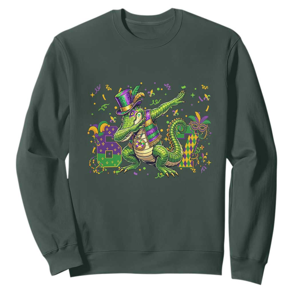 Funny Dabbing Alligator 67 Mardi Gras Six Seven Meme Sweatshirt TS11 Dark Forest Green Print Your Wear