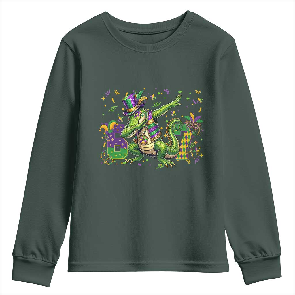 Funny Dabbing Alligator 67 Mardi Gras Six Seven Meme Youth Sweatshirt TS11 Dark Forest Green Print Your Wear