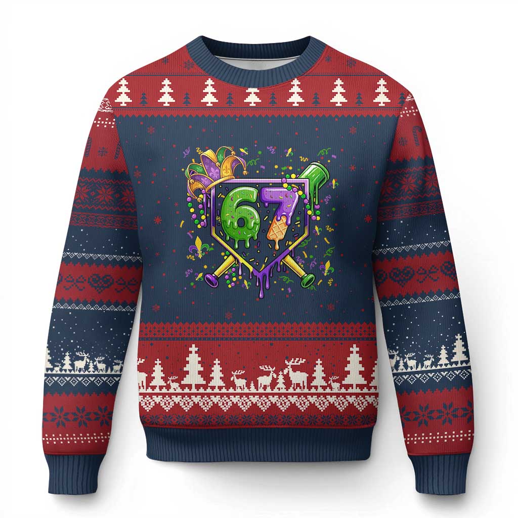 Funny Baseball Mardi Gras 67 Ice Cream Drip Ugly Christmas Sweater Six Seven Meme Carnival TS11 Navy Red Print Your Wear