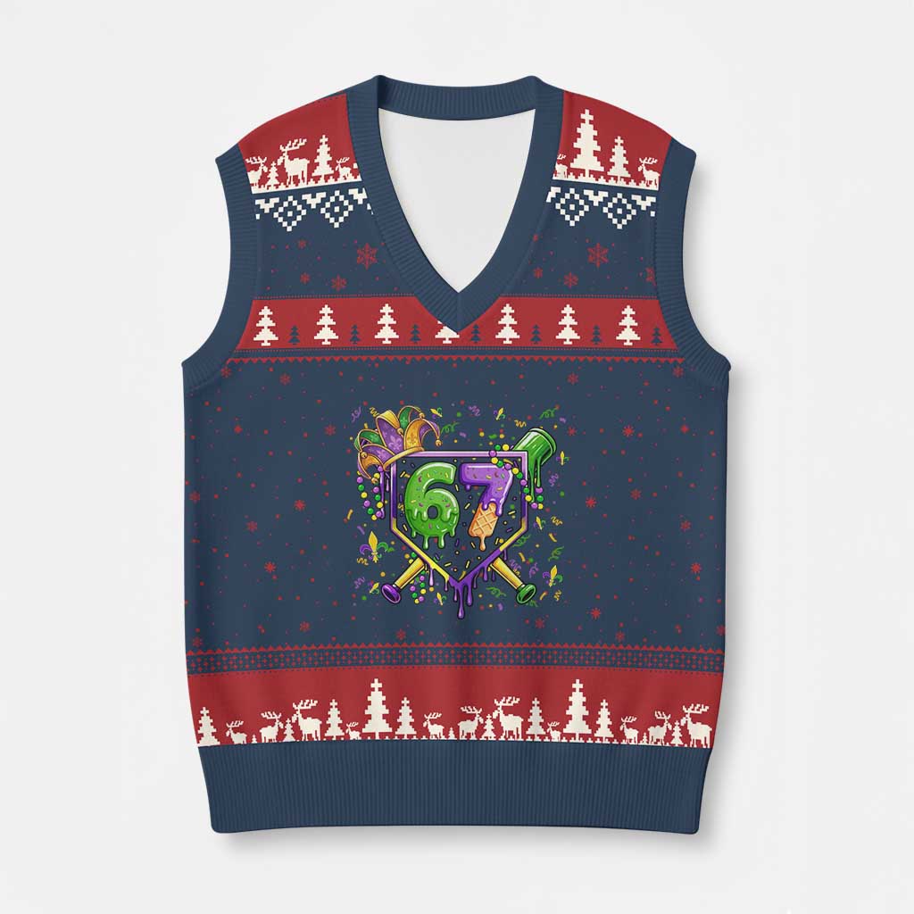 Funny Baseball Mardi Gras 67 Ice Cream Drip V-Neck Knit Sweater Vest Six Seven Meme Carnival TS11 Navy Red Print Your Wear