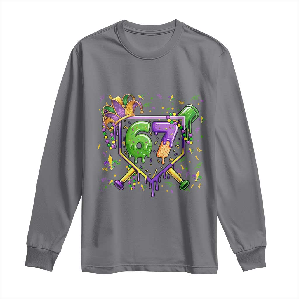 Funny Baseball Mardi Gras 67 Ice Cream Drip Long Sleeve Shirt Six Seven Meme Carnival TS11 Charcoal Print Your Wear