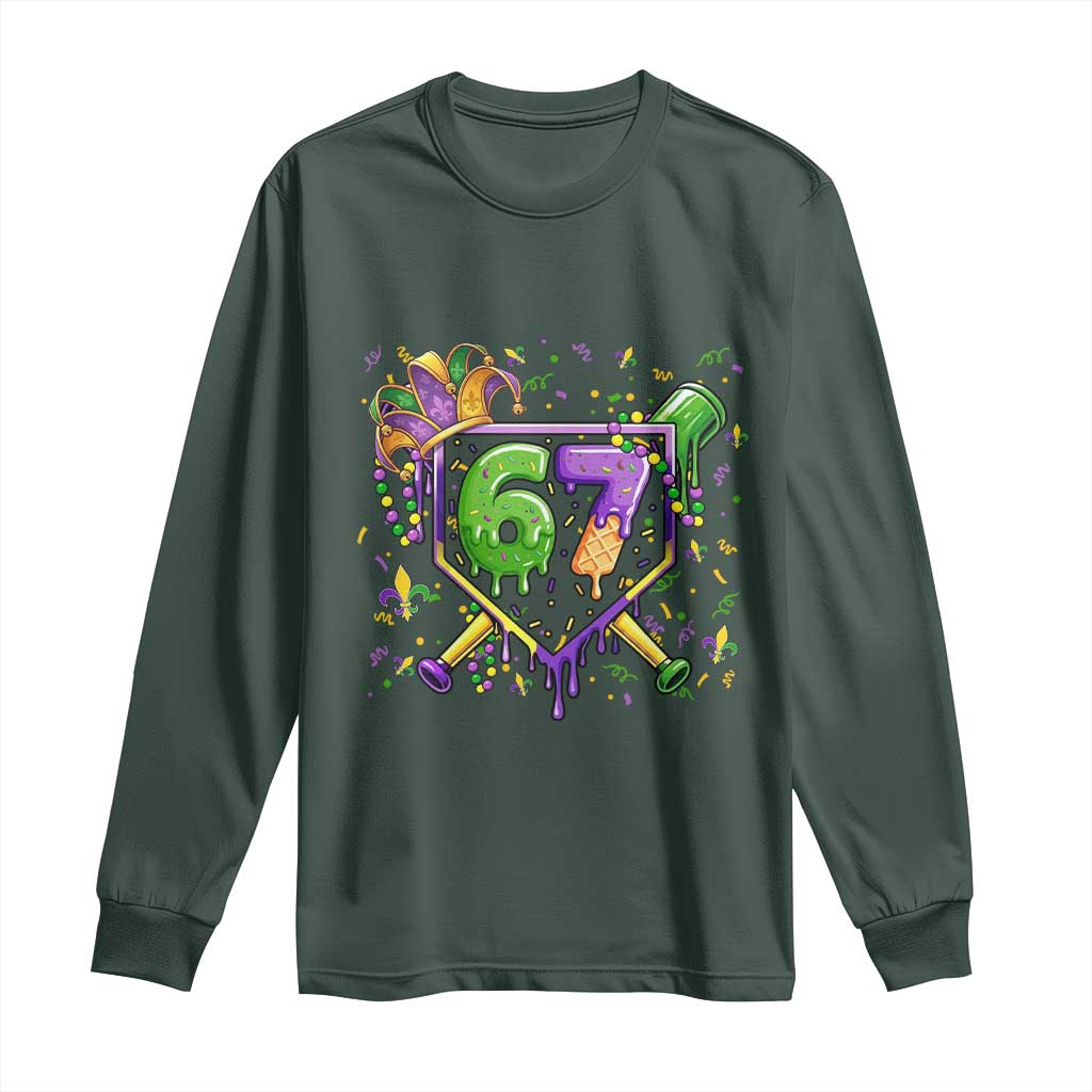 Funny Baseball Mardi Gras 67 Ice Cream Drip Long Sleeve Shirt Six Seven Meme Carnival TS11 Dark Forest Green Print Your Wear
