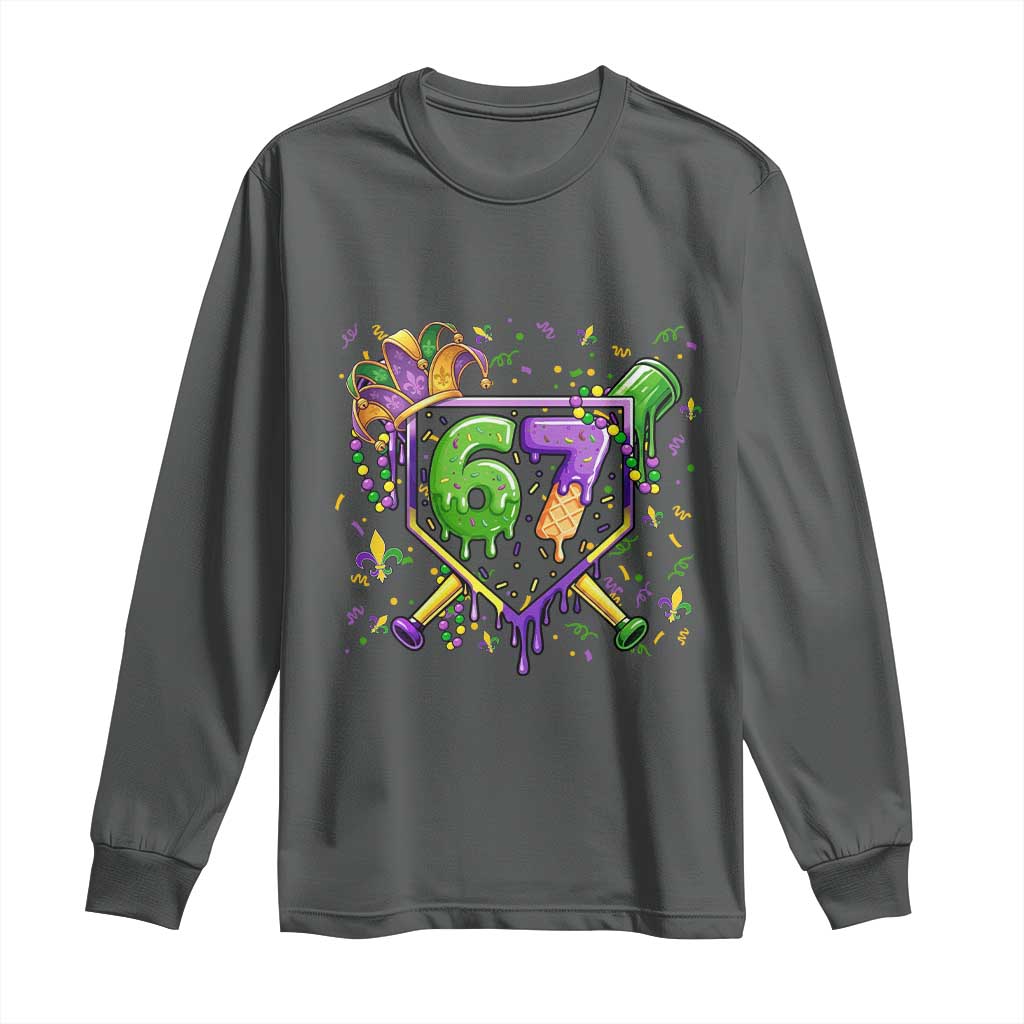 Funny Baseball Mardi Gras 67 Ice Cream Drip Long Sleeve Shirt Six Seven Meme Carnival TS11 Dark Heather Print Your Wear