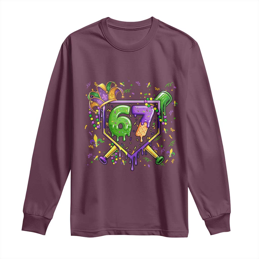 Funny Baseball Mardi Gras 67 Ice Cream Drip Long Sleeve Shirt Six Seven Meme Carnival TS11 Maroon Print Your Wear
