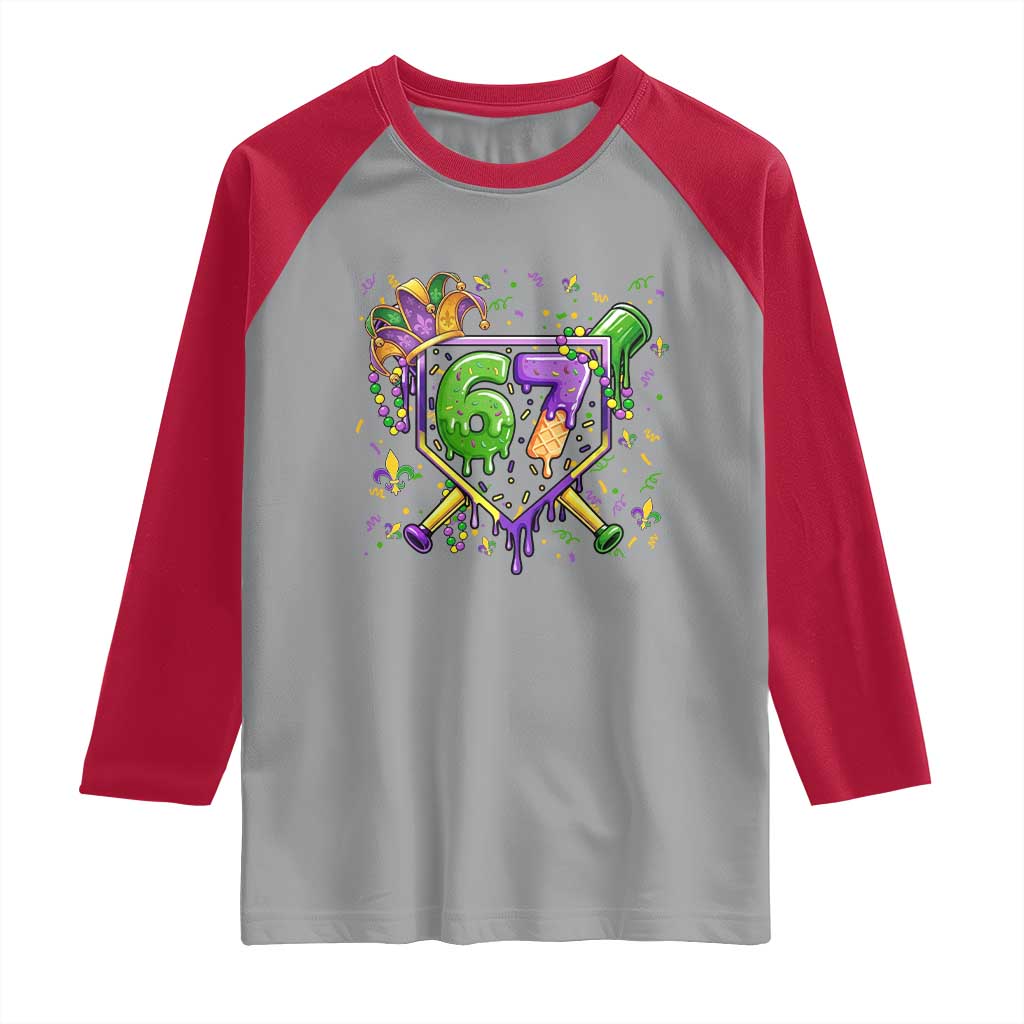 Funny Baseball Mardi Gras 67 Ice Cream Drip Raglan Shirt Six Seven Meme Carnival TS11 Sport Gray Red Print Your Wear
