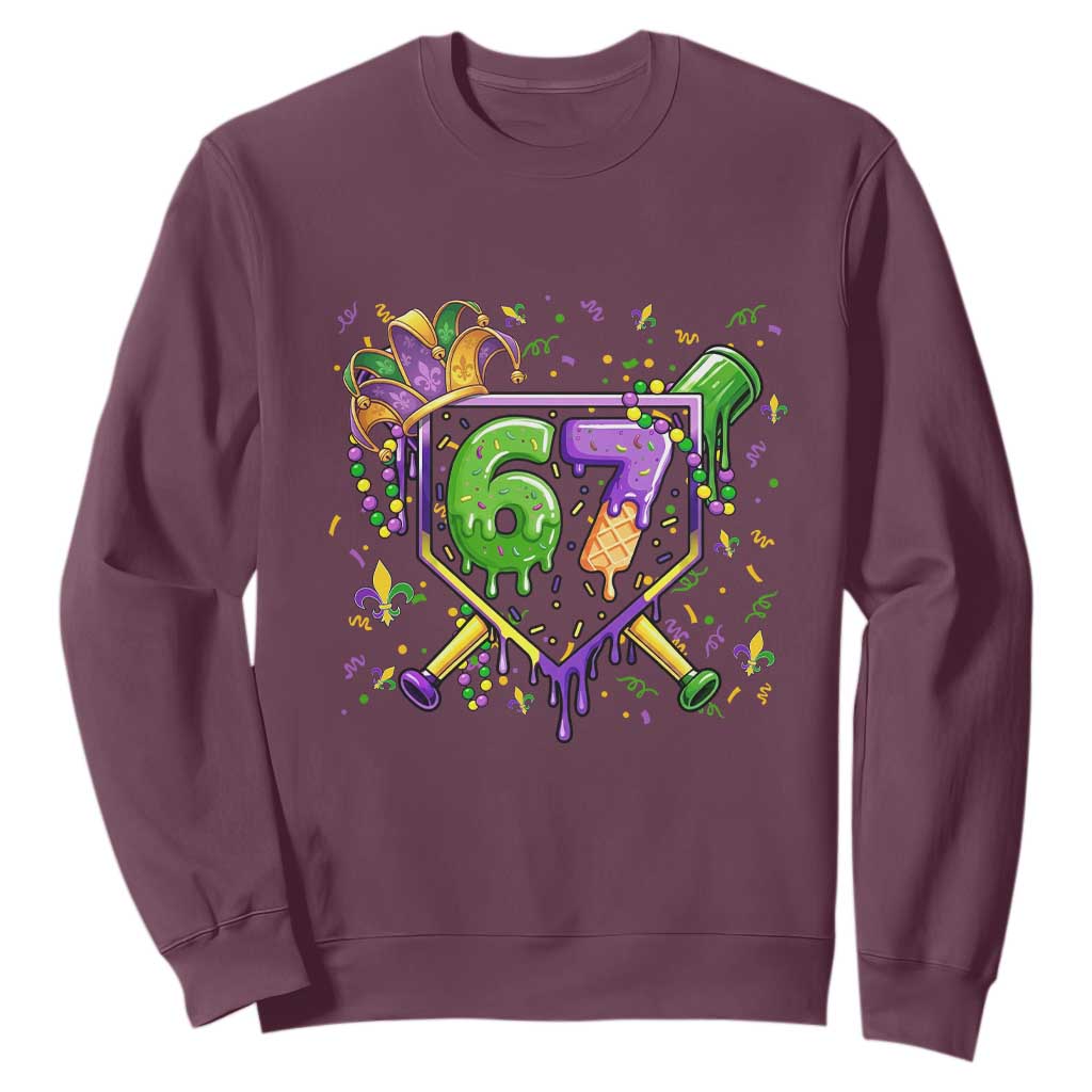 Funny Baseball Mardi Gras 67 Ice Cream Drip Sweatshirt Six Seven Meme Carnival TS11 Maroon Print Your Wear