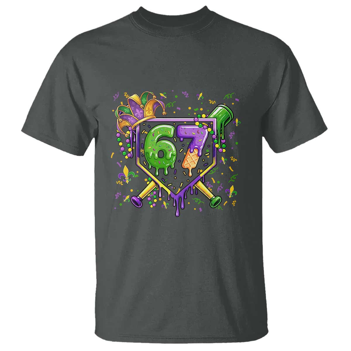 Funny Baseball Mardi Gras 67 Ice Cream Drip T Shirt Six Seven Meme Carnival TS11 Dark Heather Print Your Wear