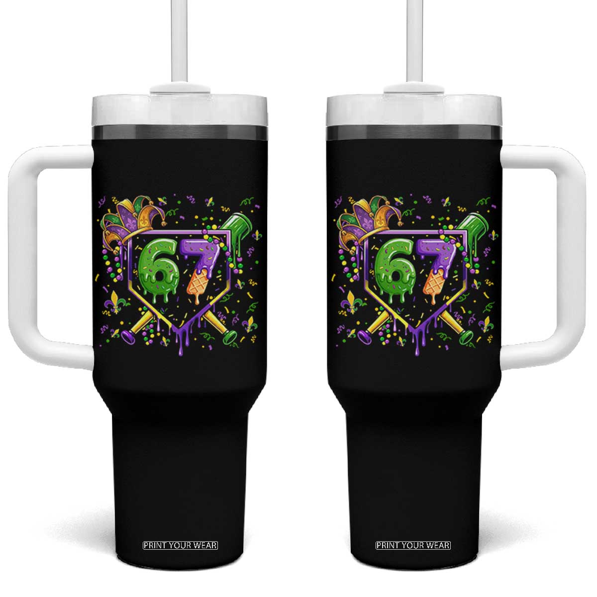 Funny Baseball Mardi Gras 67 Ice Cream Drip Tumbler With Handle Six Seven Meme Carnival TS11 One Size: 40 oz Black Print Your Wear