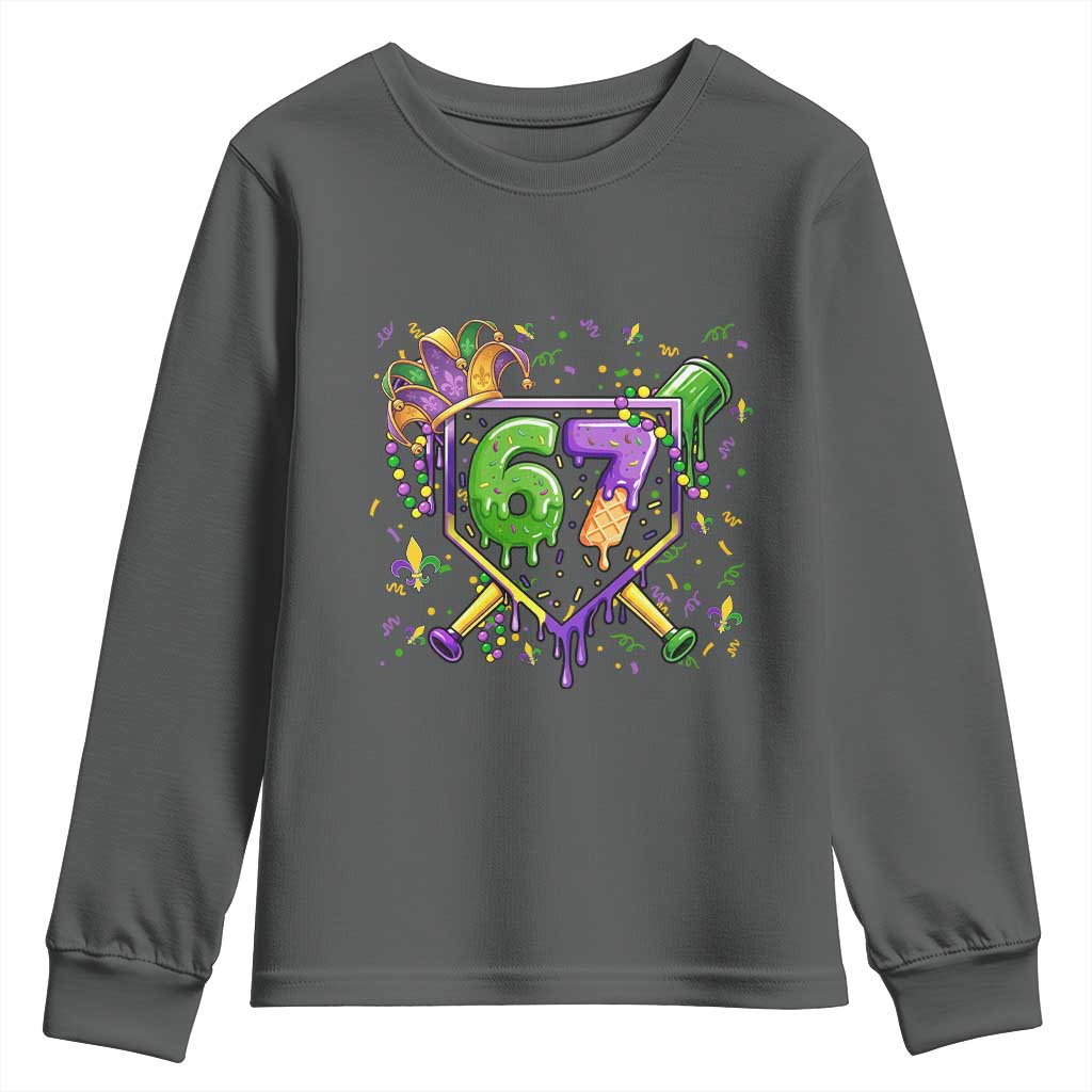 Funny Baseball Mardi Gras 67 Ice Cream Drip Youth Sweatshirt Six Seven Meme Carnival TS11 Dark Heather Print Your Wear