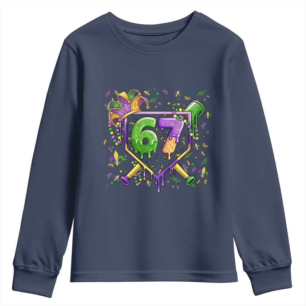 Funny Baseball Mardi Gras 67 Ice Cream Drip Youth Sweatshirt Six Seven Meme Carnival TS11 Navy Print Your Wear