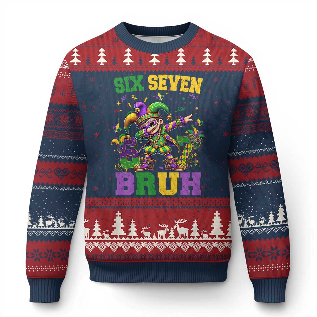 Funny 67 Mardi Gras Ugly Christmas Sweater Six Seven Bruh Dabbing Jester TS11 Navy Red Print Your Wear