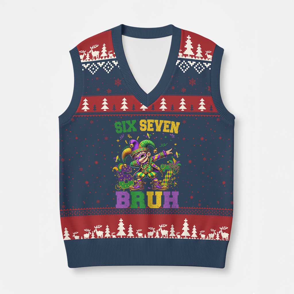 Funny 67 Mardi Gras V-Neck Knit Sweater Vest Six Seven Bruh Dabbing Jester TS11 Navy Red Print Your Wear