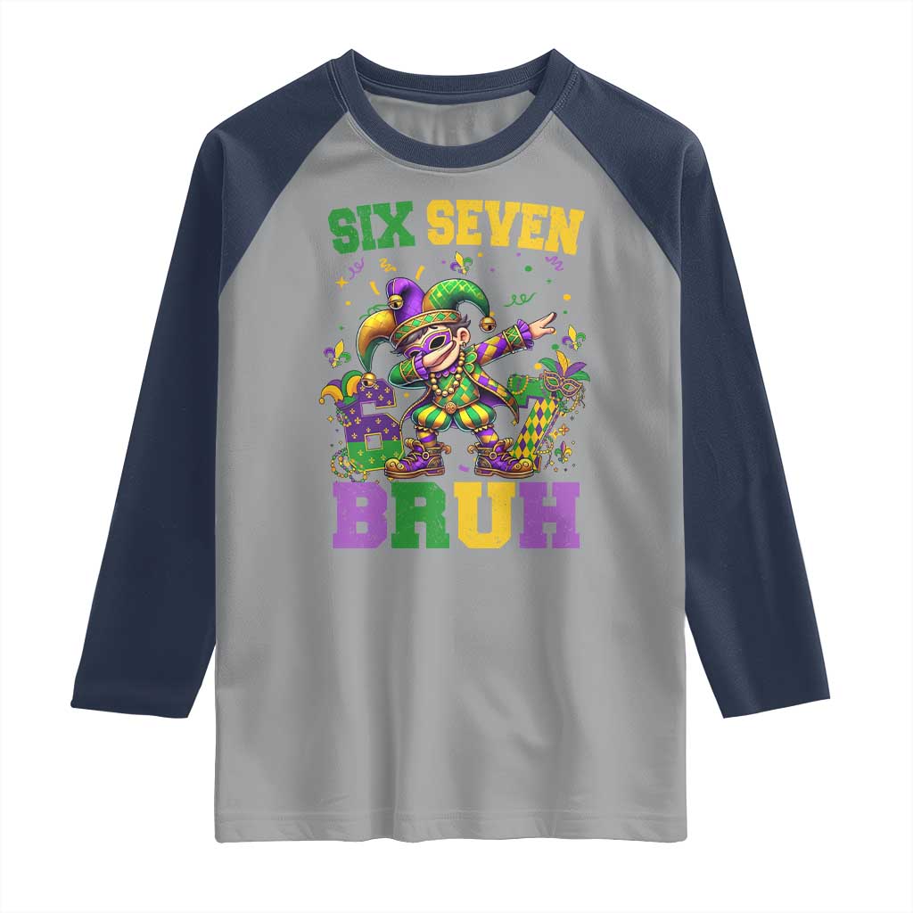 Funny 67 Mardi Gras Raglan Shirt Six Seven Bruh Dabbing Jester TS11 Sport Gray Navy Print Your Wear