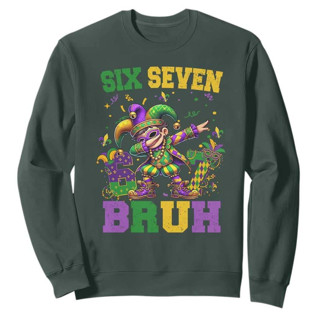 Funny 67 Mardi Gras Sweatshirt Six Seven Bruh Dabbing Jester TS11 Dark Forest Green Print Your Wear