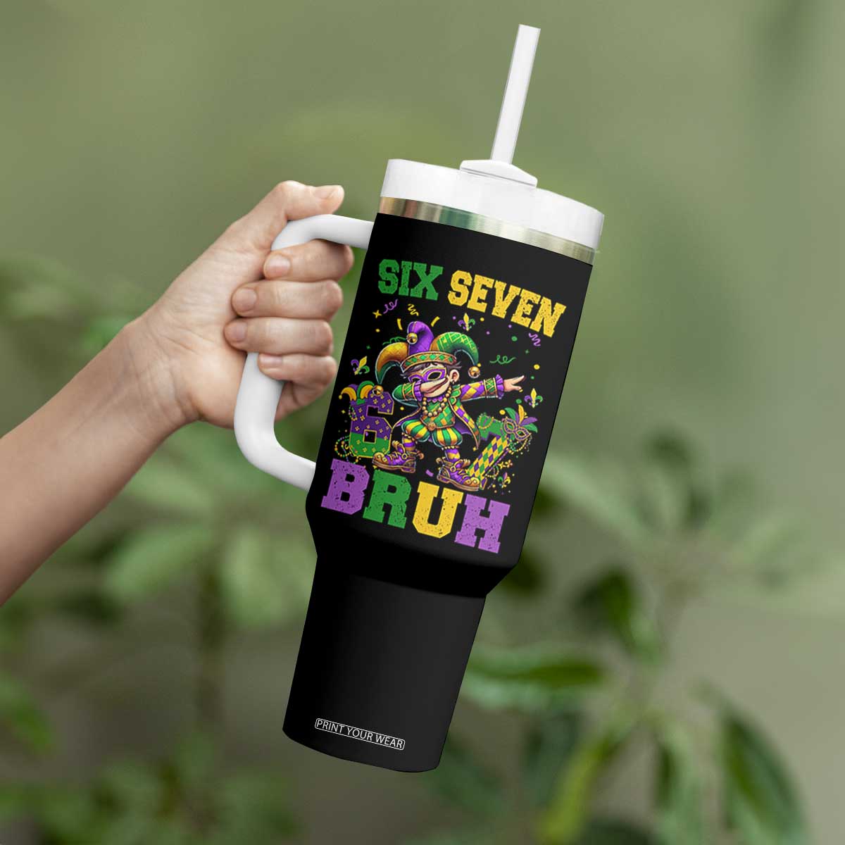 Funny 67 Mardi Gras Tumbler With Handle Six Seven Bruh Dabbing Jester TS11 Print Your Wear