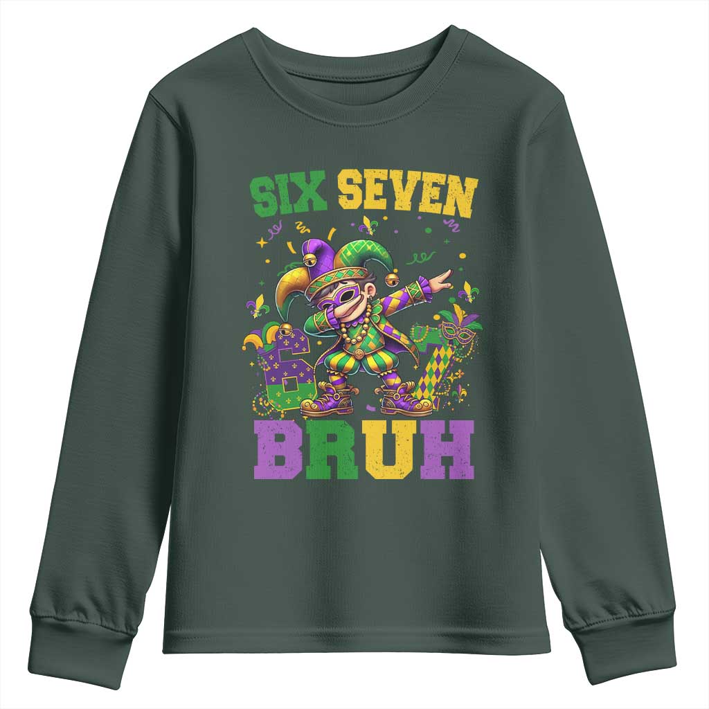 Funny 67 Mardi Gras Youth Sweatshirt Six Seven Bruh Dabbing Jester TS11 Dark Forest Green Print Your Wear