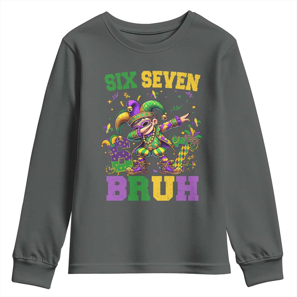 Funny 67 Mardi Gras Youth Sweatshirt Six Seven Bruh Dabbing Jester TS11 Dark Heather Print Your Wear