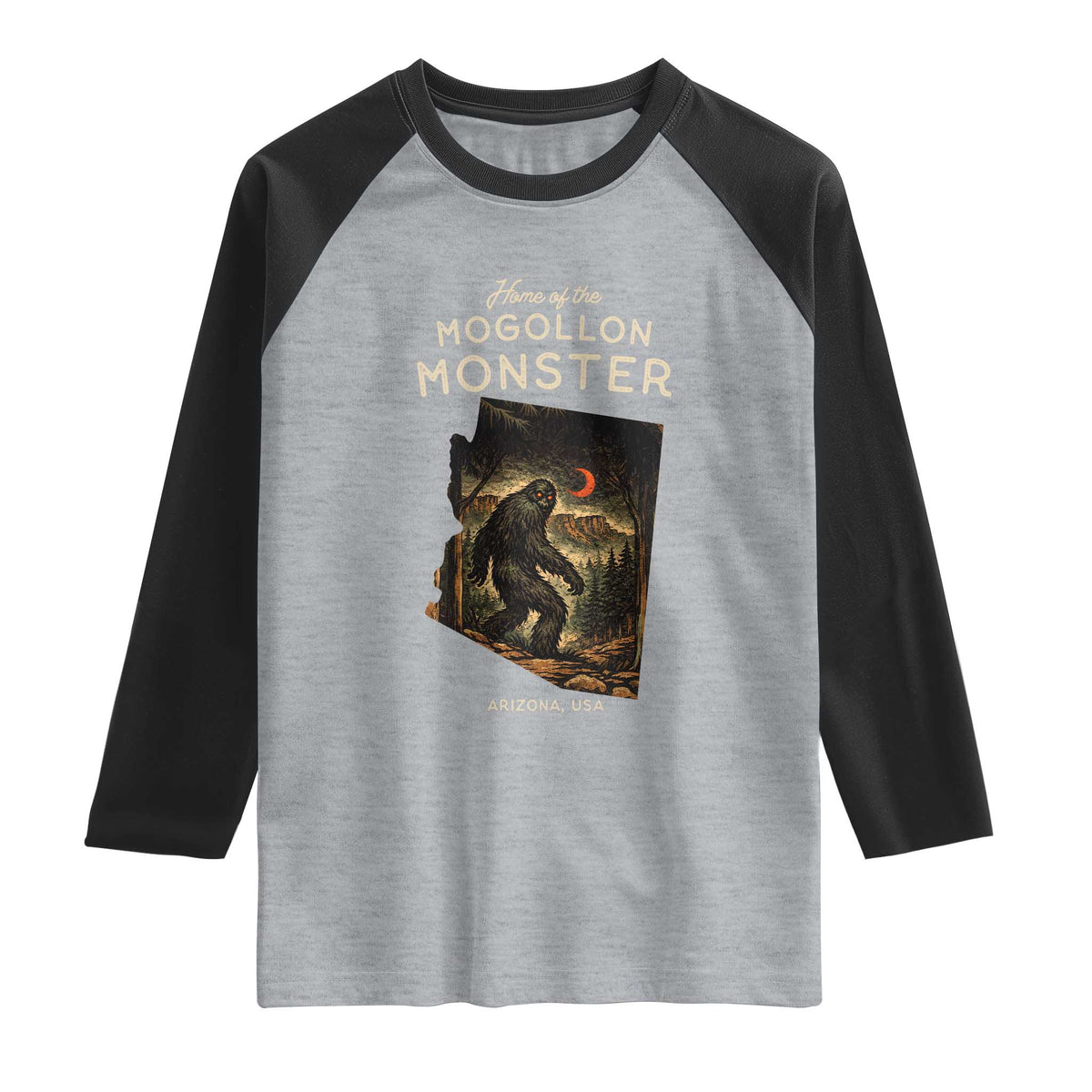 Mogollon Monster Arizona Raglan Shirt Home Of The Cryptid Lover TS12 Heather Gray Black Print Your Wear