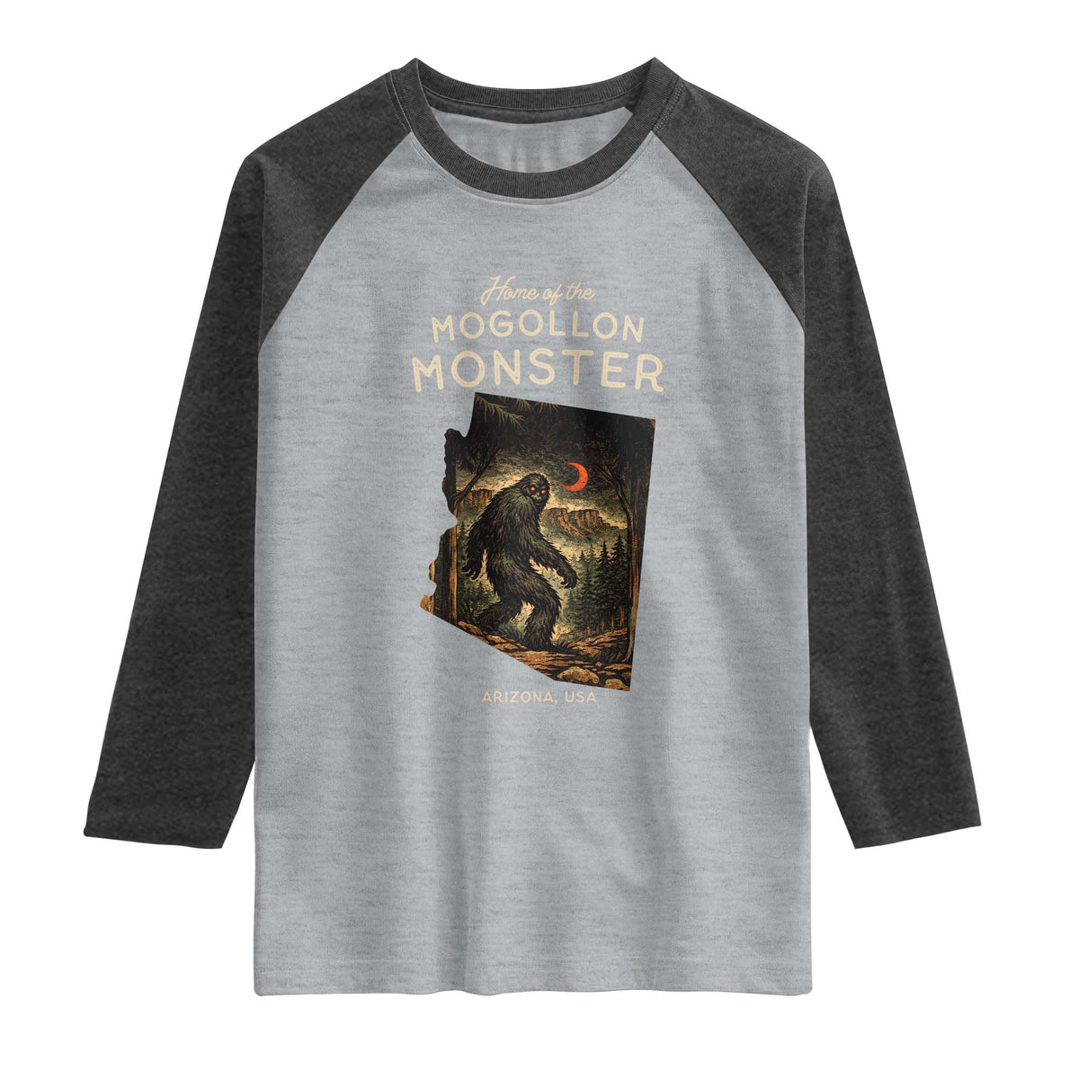 Mogollon Monster Arizona Raglan Shirt Home Of The Cryptid Lover TS12 Heather Gray Heather Charcoal Print Your Wear