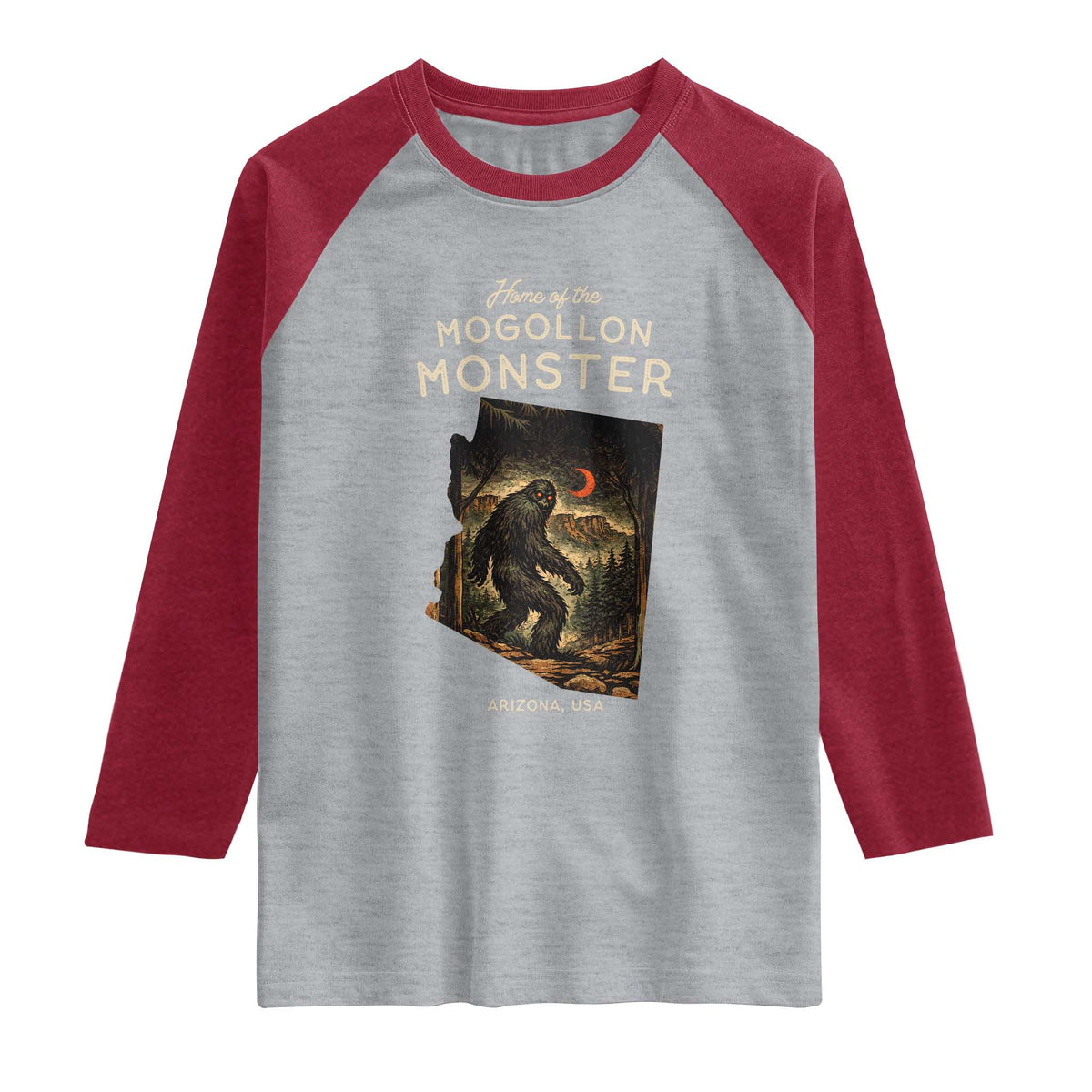 Mogollon Monster Arizona Raglan Shirt Home Of The Cryptid Lover TS12 Heather Gray Heather Red Print Your Wear