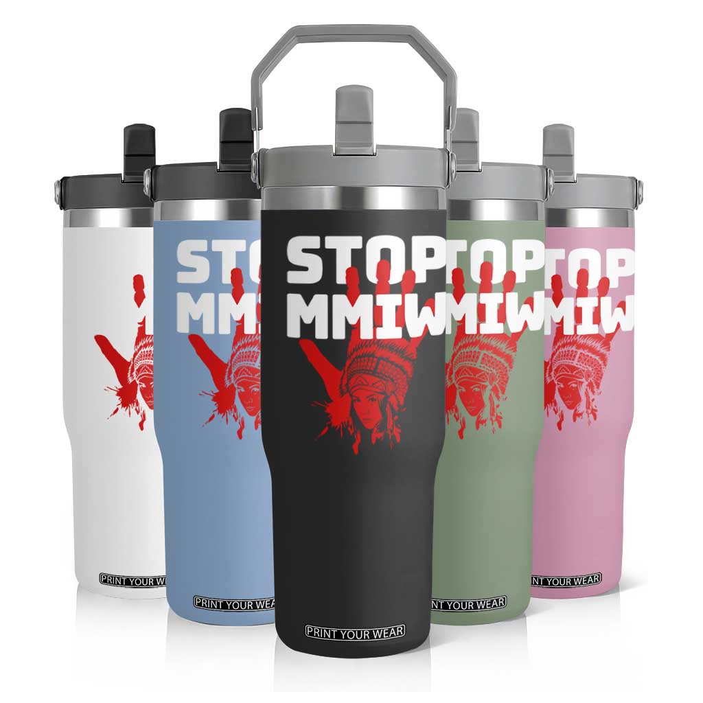 Indigenous Women Awareness Flip Straw Tumbler Stop MMIW Red Handprint Graphic TS12 Print Your Wear