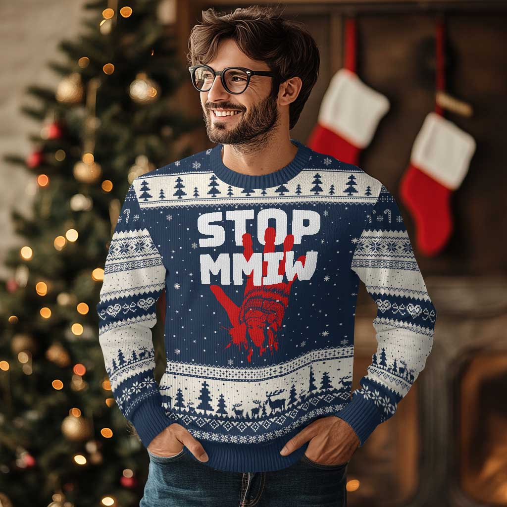 Indigenous Women Awareness Ugly Christmas Sweater Stop MMIW Red Handprint Graphic TS12 Navy Beige Print Your Wear