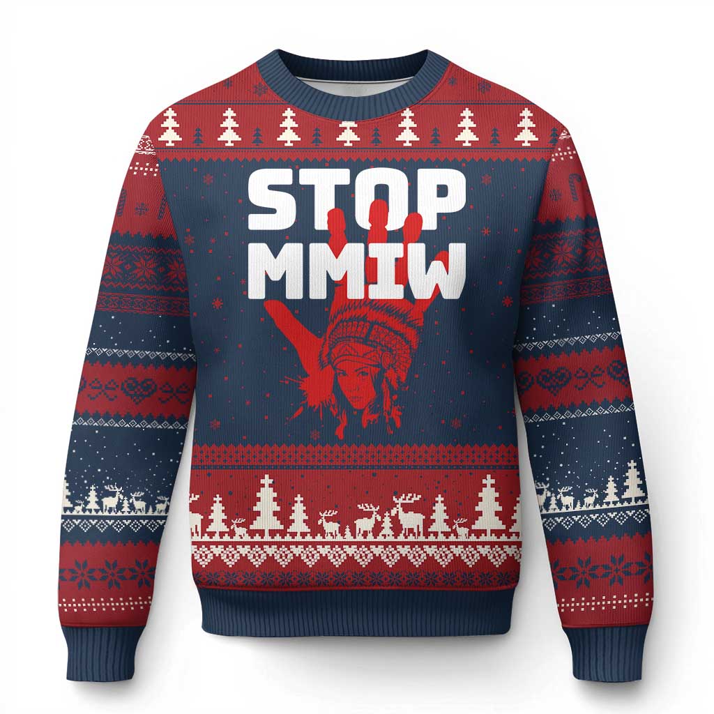 Indigenous Women Awareness Ugly Christmas Sweater Stop MMIW Red Handprint Graphic TS12 Navy Red Print Your Wear