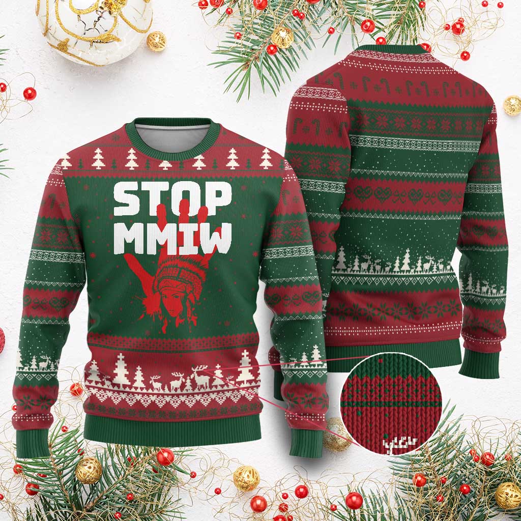 Indigenous Women Awareness Ugly Christmas Sweater Stop MMIW Red Handprint Graphic TS12 Red Green Print Your Wear