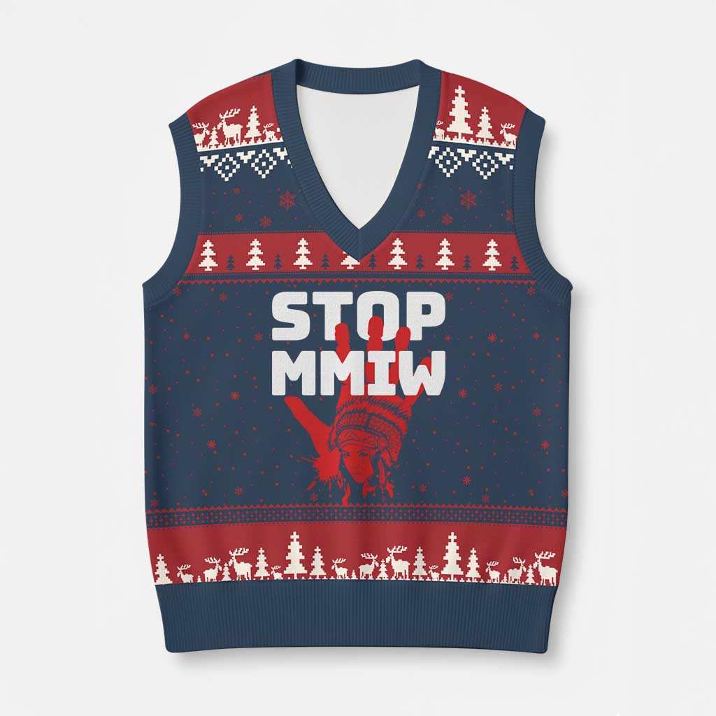 Indigenous Women Awareness V-Neck Knit Sweater Vest Stop MMIW Red Handprint Graphic TS12 Navy Red Print Your Wear