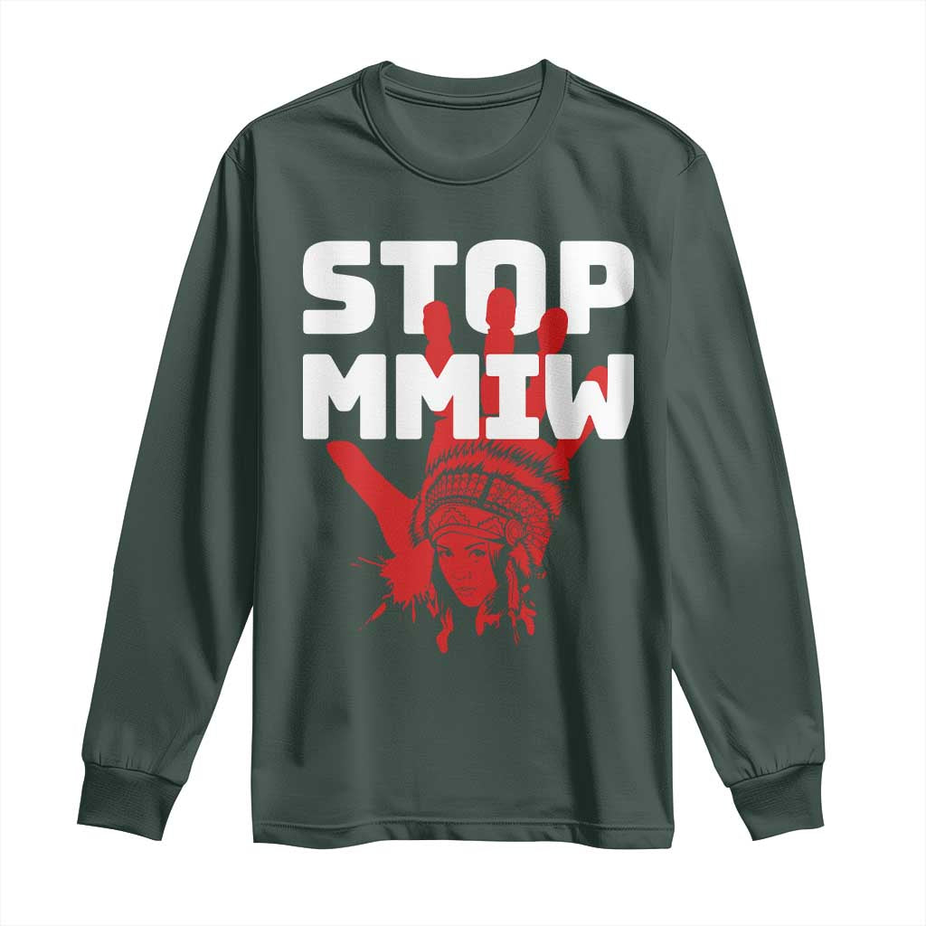 Indigenous Women Awareness Long Sleeve Shirt Stop MMIW Red Handprint Graphic TS12 Dark Forest Green Print Your Wear