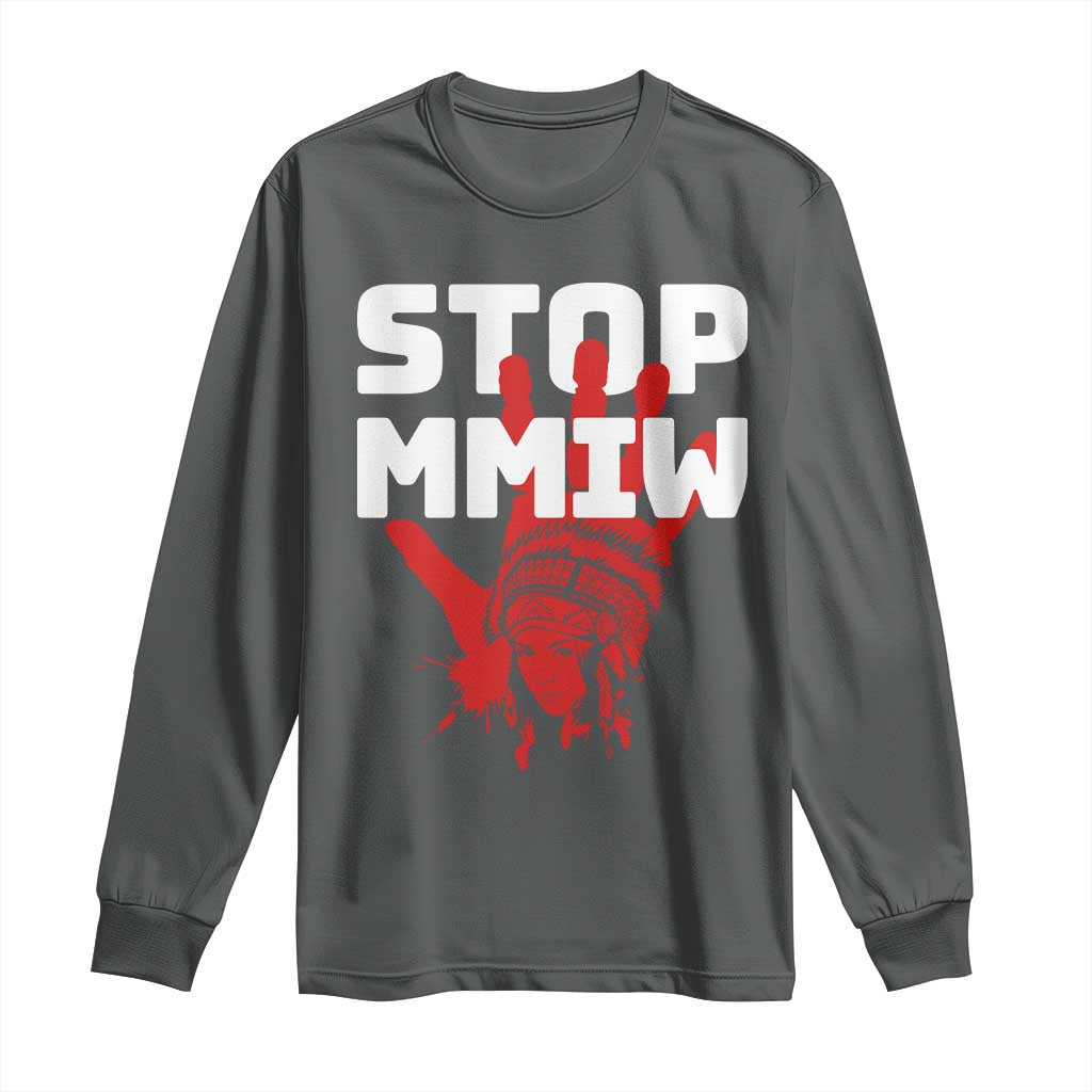 Indigenous Women Awareness Long Sleeve Shirt Stop MMIW Red Handprint Graphic TS12 Dark Heather Print Your Wear