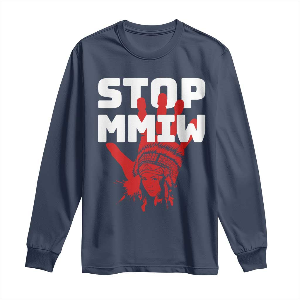 Indigenous Women Awareness Long Sleeve Shirt Stop MMIW Red Handprint Graphic TS12 Navy Print Your Wear