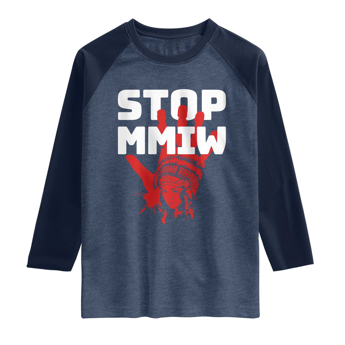 Indigenous Women Awareness Raglan Shirt Stop MMIW Red Handprint Graphic TS12 Heather Denim Navy Print Your Wear