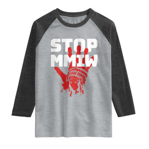 Indigenous Women Awareness Raglan Shirt Stop MMIW Red Handprint Graphic TS12 Heather Gray Heather Charcoal Print Your Wear
