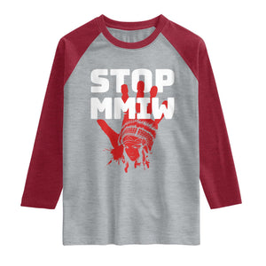 Indigenous Women Awareness Raglan Shirt Stop MMIW Red Handprint Graphic TS12 Heather Gray Heather Red Print Your Wear