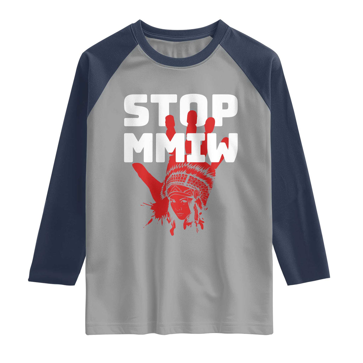 Indigenous Women Awareness Raglan Shirt Stop MMIW Red Handprint Graphic TS12 Sport Gray Navy Print Your Wear