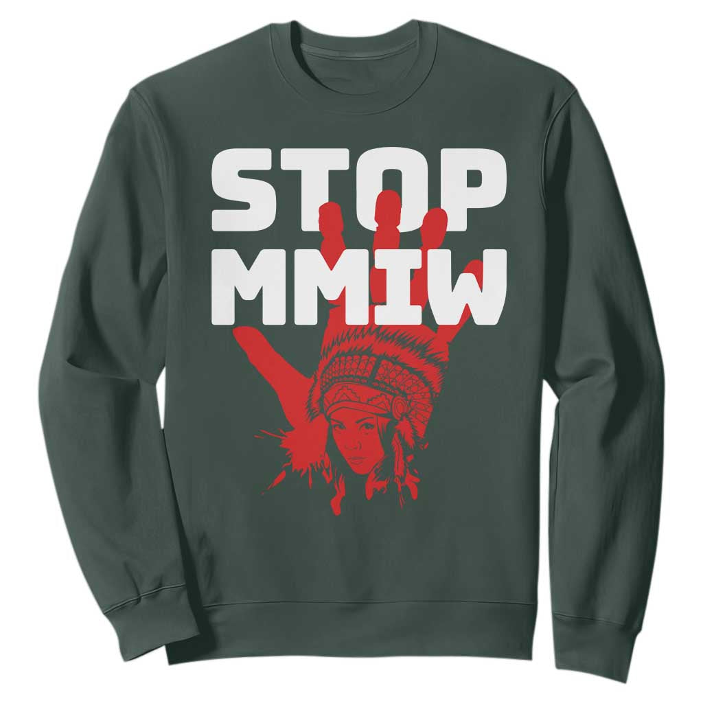 Indigenous Women Awareness Sweatshirt Stop MMIW Red Handprint Graphic TS12 Dark Forest Green Print Your Wear