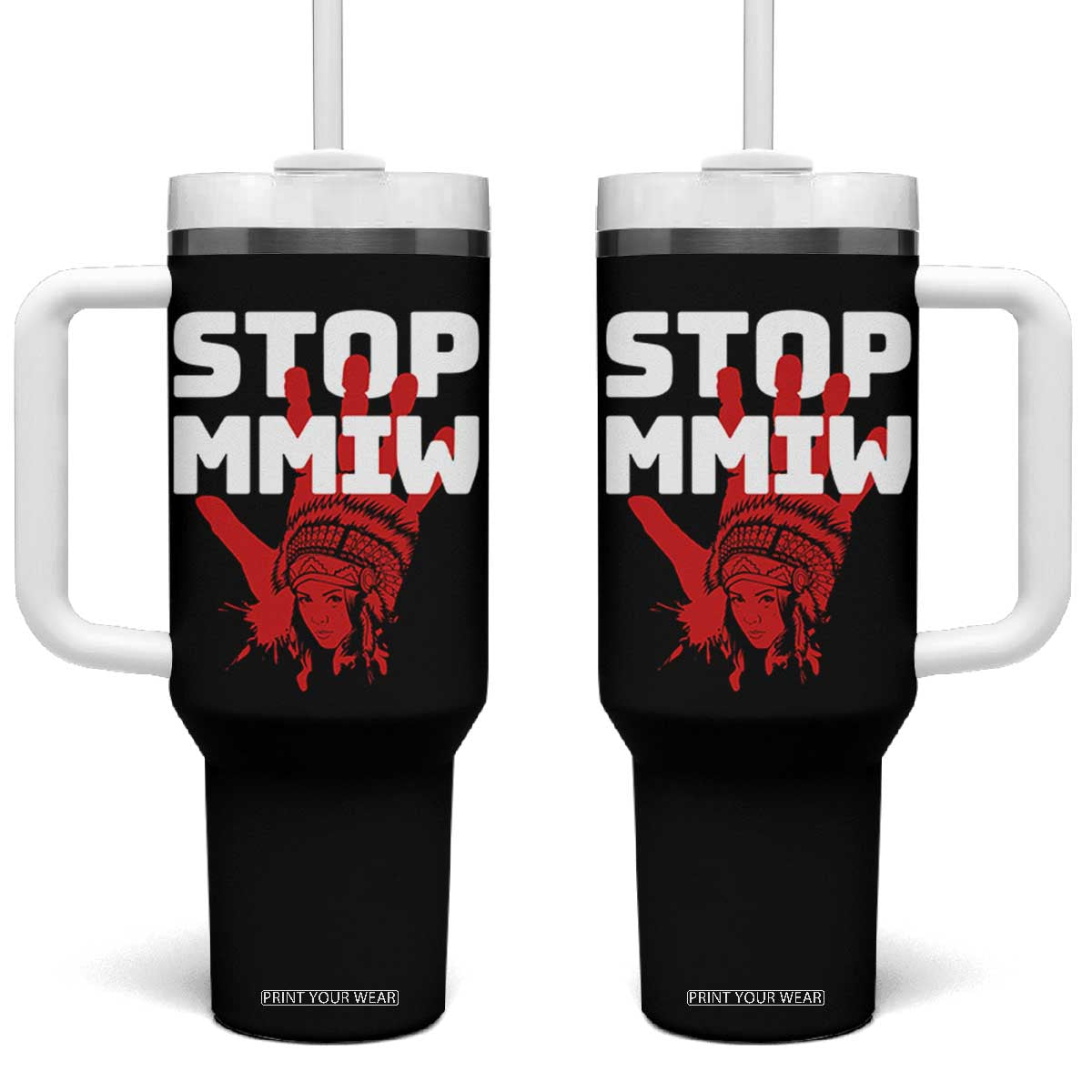 Indigenous Women Awareness Tumbler With Handle Stop MMIW Red Handprint Graphic TS12 One Size: 40 oz Black Print Your Wear