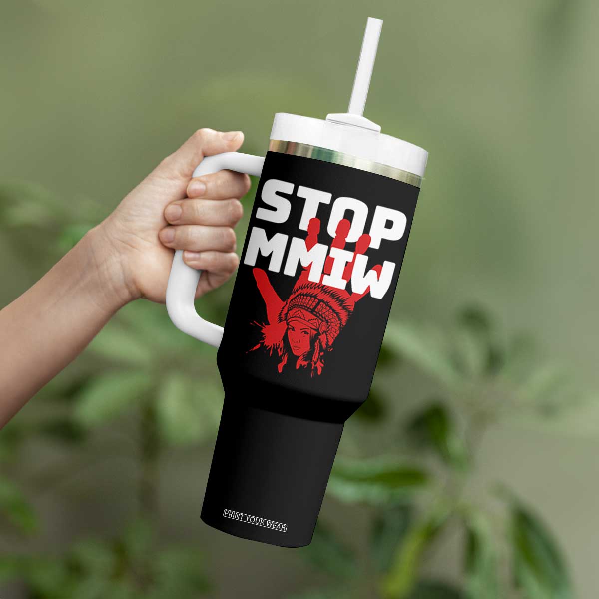 Indigenous Women Awareness Tumbler With Handle Stop MMIW Red Handprint Graphic TS12 Print Your Wear