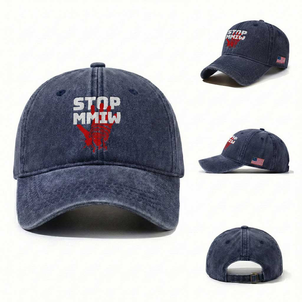 Indigenous Women Awareness Washed Cotton Baseball Cap Stop MMIW Red Handprint Graphic TS12 Washed Cap Universal Fit Navy Print Your Wear
