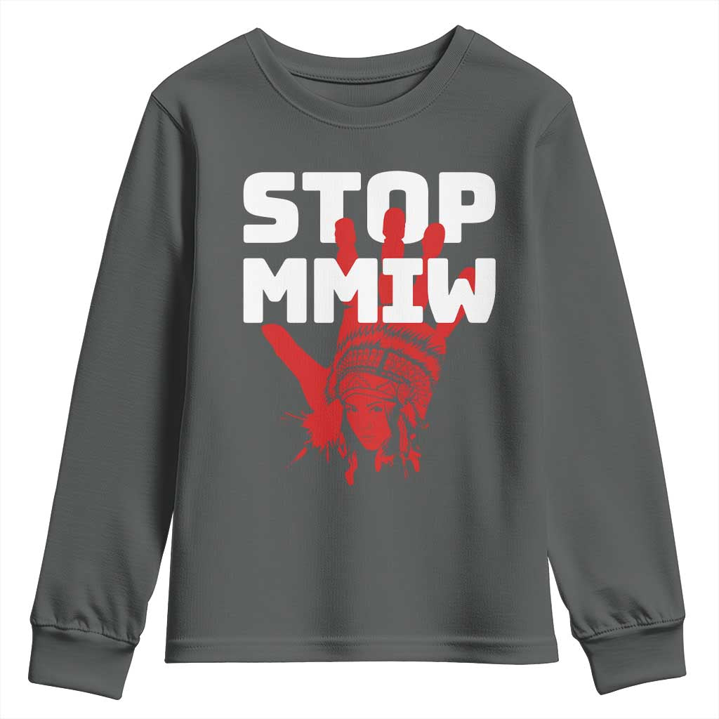 Indigenous Women Awareness Youth Sweatshirt Stop MMIW Red Handprint Graphic TS12 Dark Heather Print Your Wear