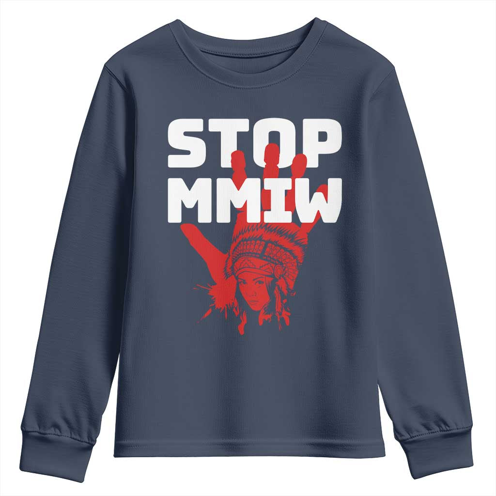 Indigenous Women Awareness Youth Sweatshirt Stop MMIW Red Handprint Graphic TS12 Navy Print Your Wear