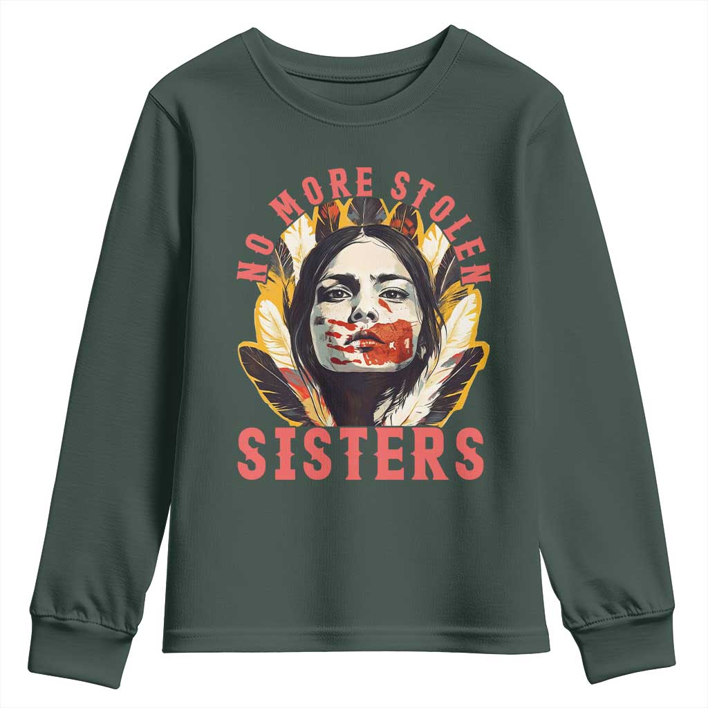 Native American Awareness Gift Youth Sweatshirt No More Stolen Sisters MMIW Support TS12 Dark Forest Green Print Your Wear