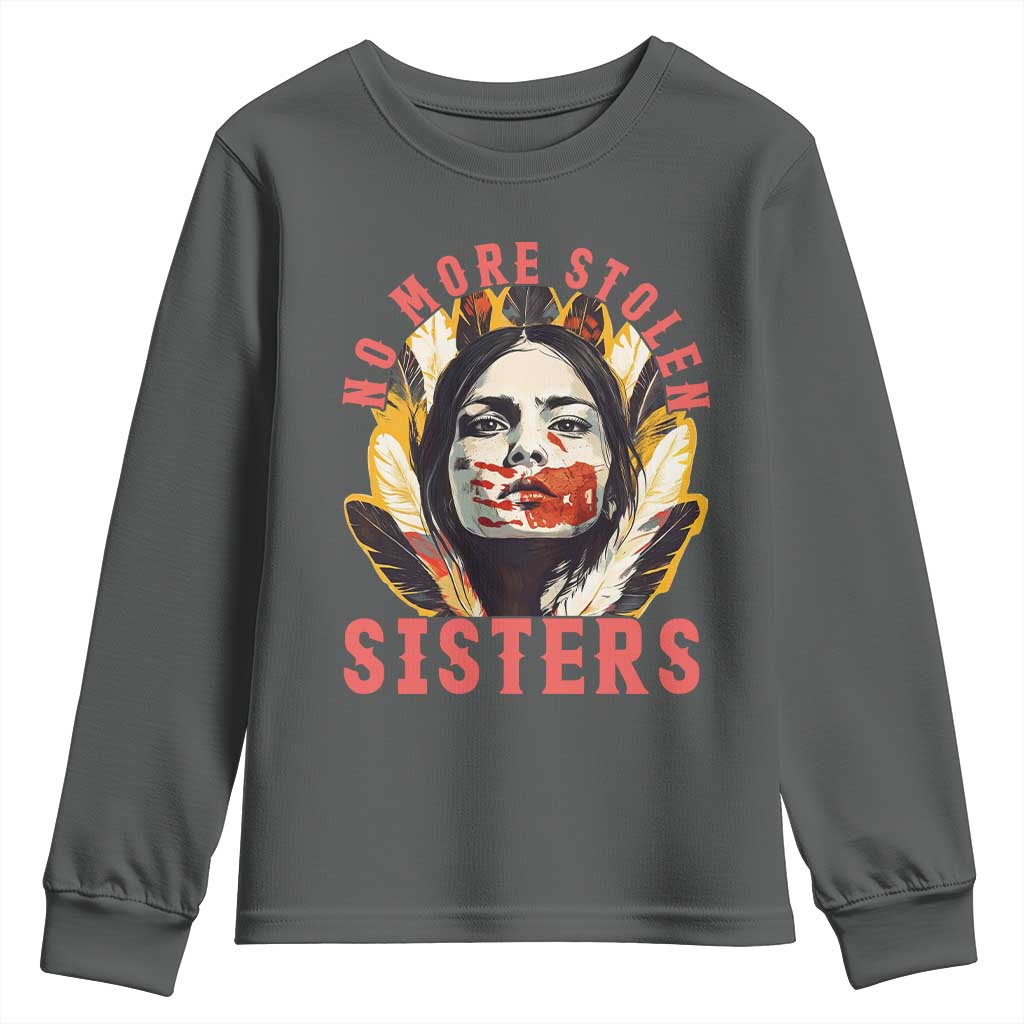Native American Awareness Gift Youth Sweatshirt No More Stolen Sisters MMIW Support TS12 Dark Heather Print Your Wear