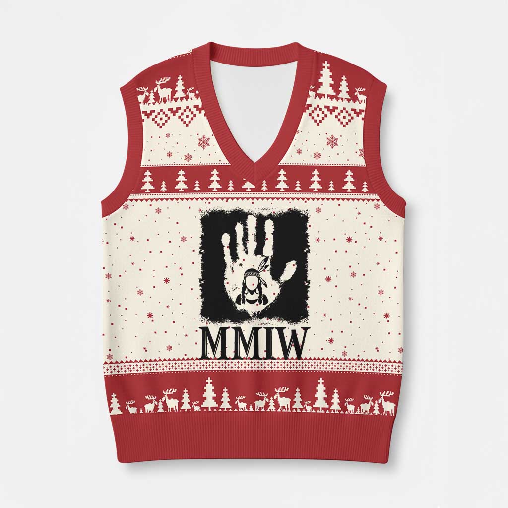 Stop MMIW V-Neck Knit Sweater Vest Voices For Stolen Sisters Red Handprint Graphic TS12 Beige Red Print Your Wear